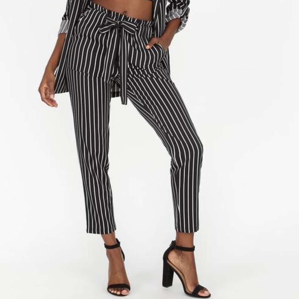 Women Pants Striped Roll-Waist Trousers